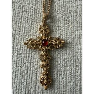 Vintage Gold Tone Avon Red Cabochon Cross Pendant Necklace Jewelry Gothic
